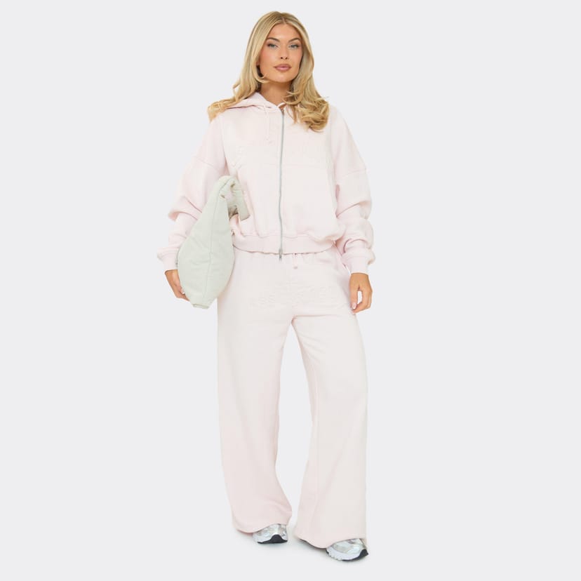 EGO Drawstring Waist Embossed Graphic Detail Wide Leg Joggers In Pink, Women's Size UK 6 - 1