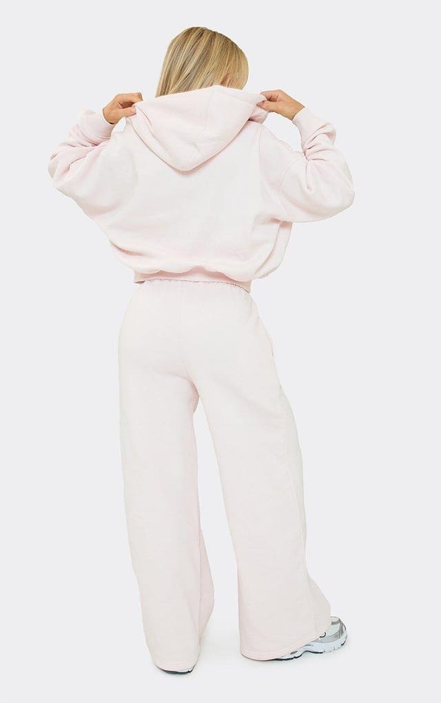 EGO Drawstring Waist Embossed Graphic Detail Wide Leg Joggers In Pink, Women's Size UK 6 - 2