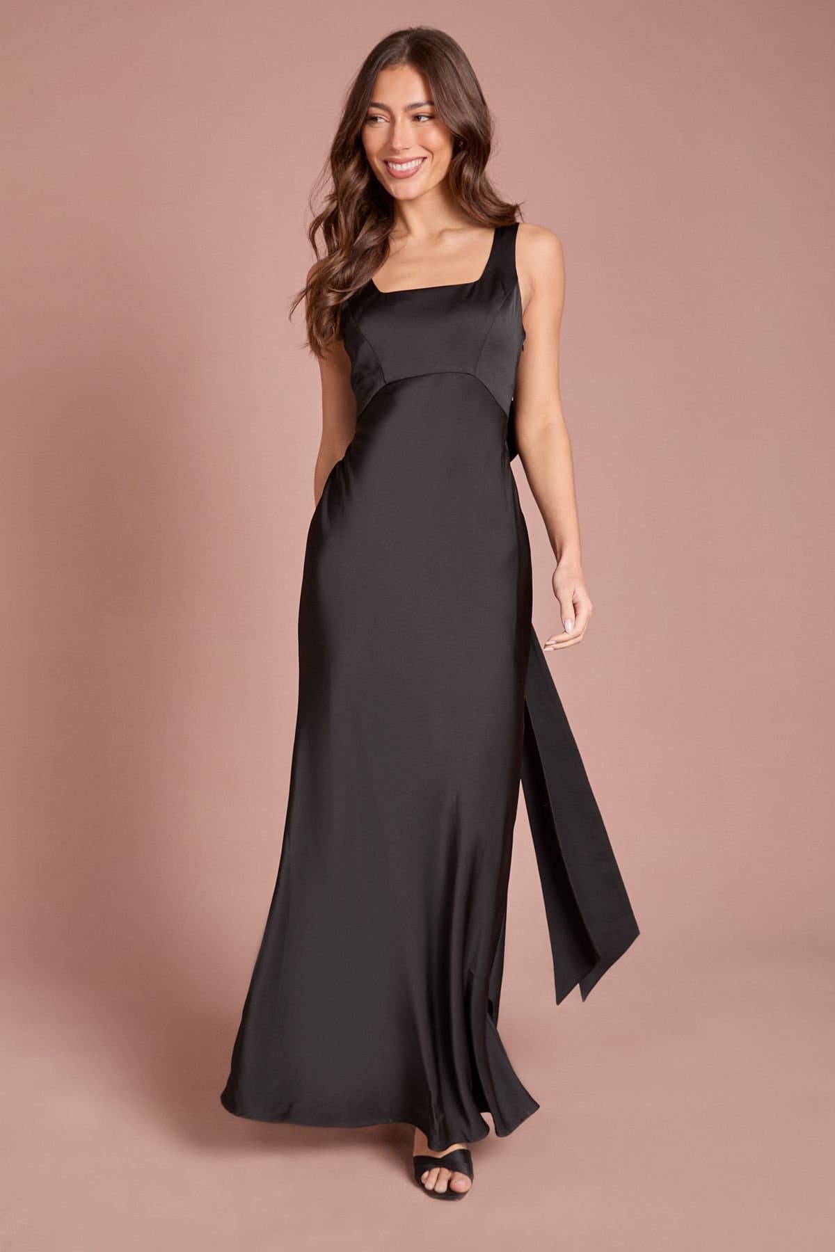 Coast Coast Women's Square Neck Satin & Crepe Bridesmaid Dress with Bow Back in Black