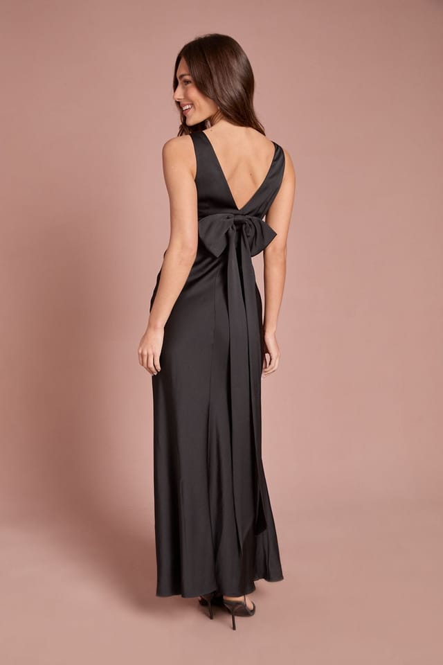 Coast Coast Women's Square Neck Satin & Crepe Bridesmaid Dress with Bow Back in Black - 3