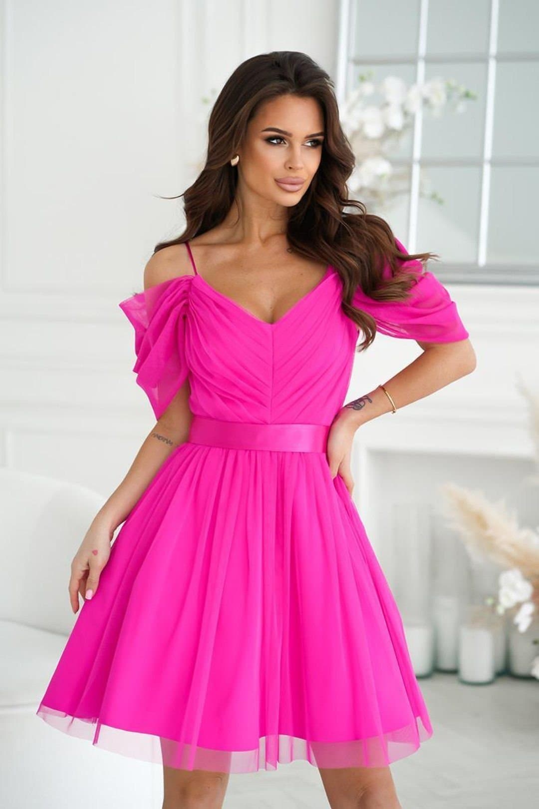 Love Lace Love Lace Women's Spanish Evening Dress with Tulle Sleeves & Belt in Bright Pink