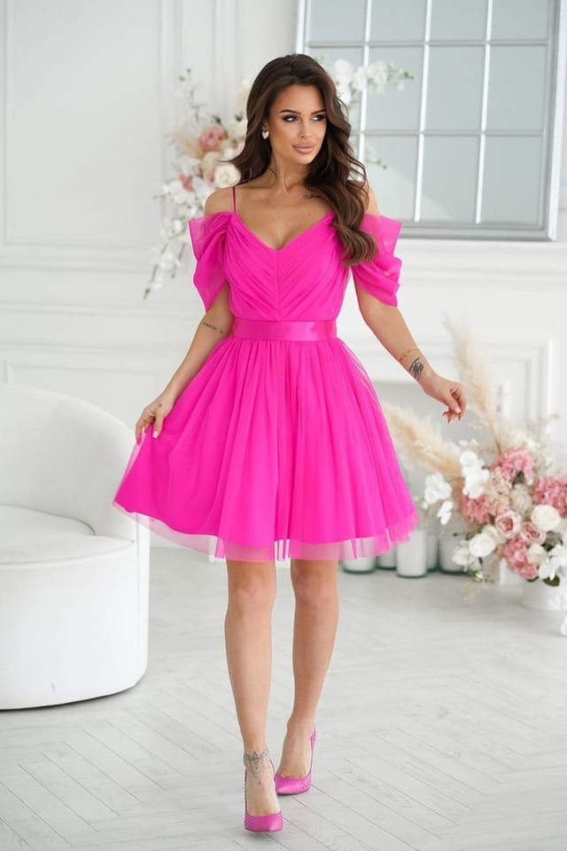Love Lace Love Lace Women's Spanish Evening Dress with Tulle Sleeves & Belt in Bright Pink - 2