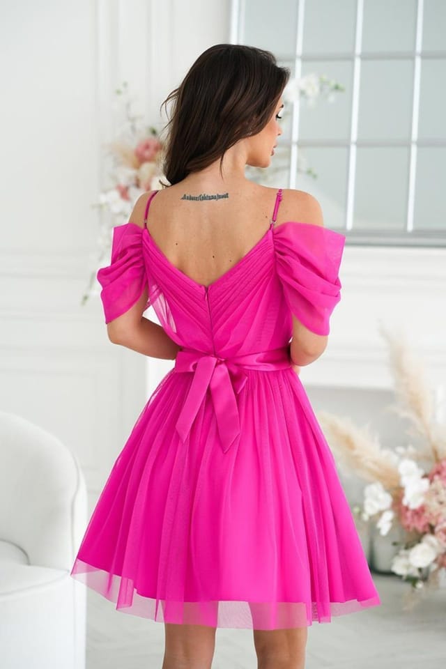 Love Lace Love Lace Women's Spanish Evening Dress with Tulle Sleeves & Belt in Bright Pink - 3