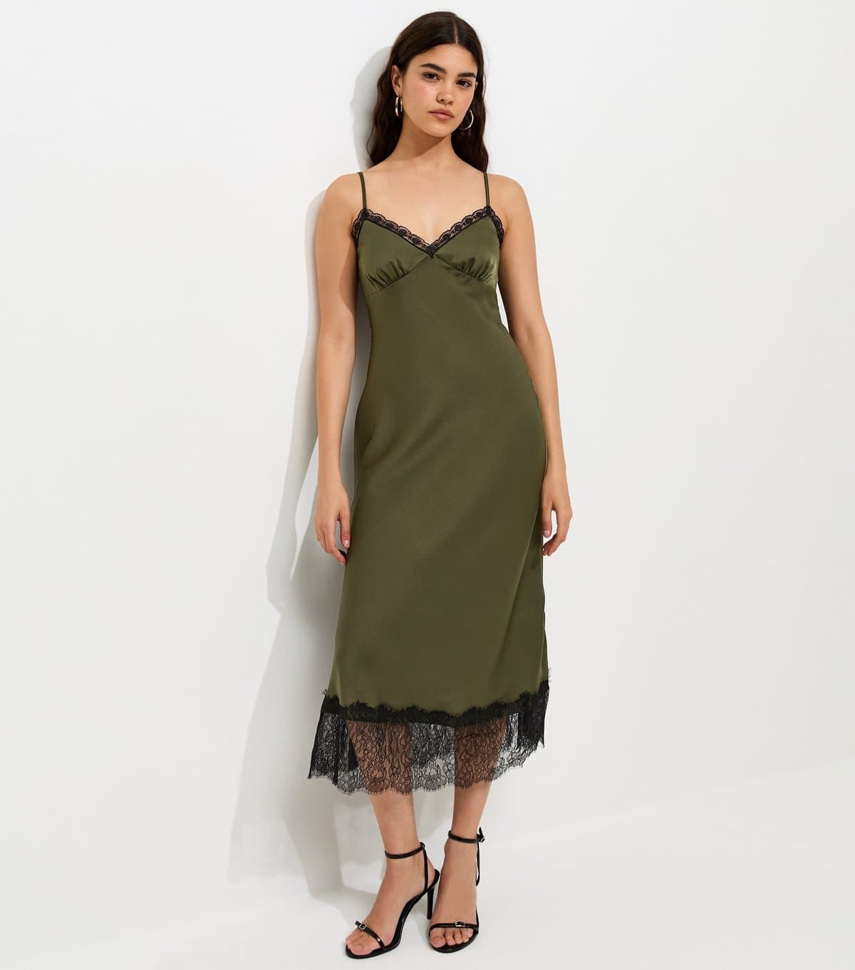 New Look Women's Light Green Satin Lace Hem Strappy Midi Dress New Look