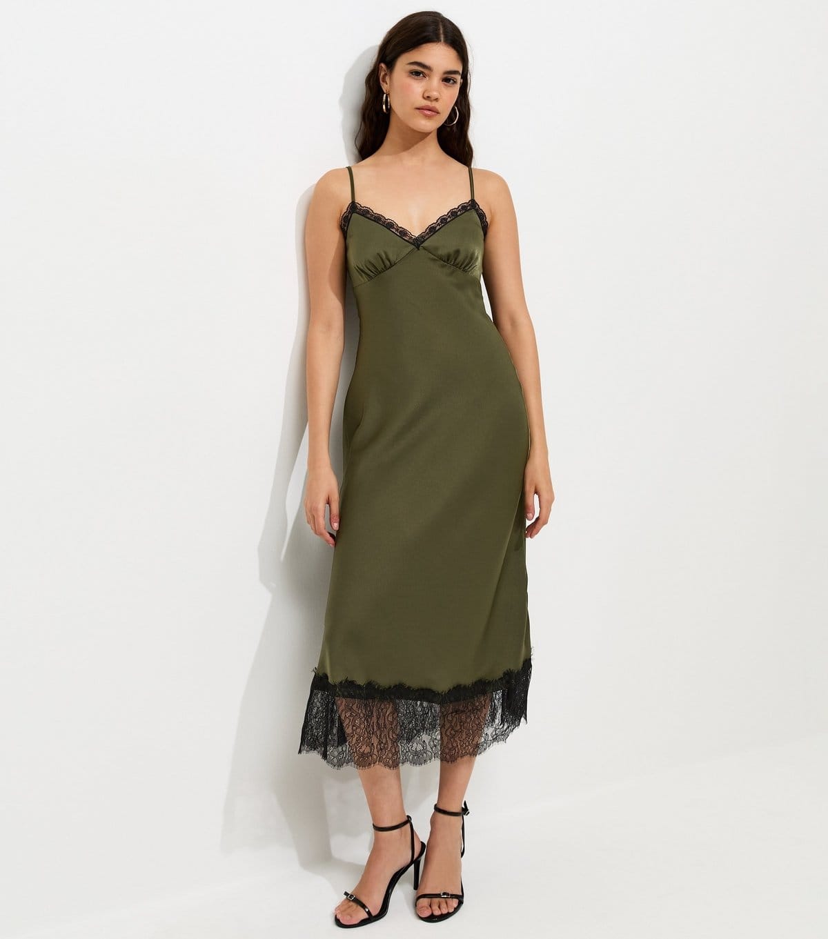 New Look Light Green Satin Lace Hem Strappy Midi Dress