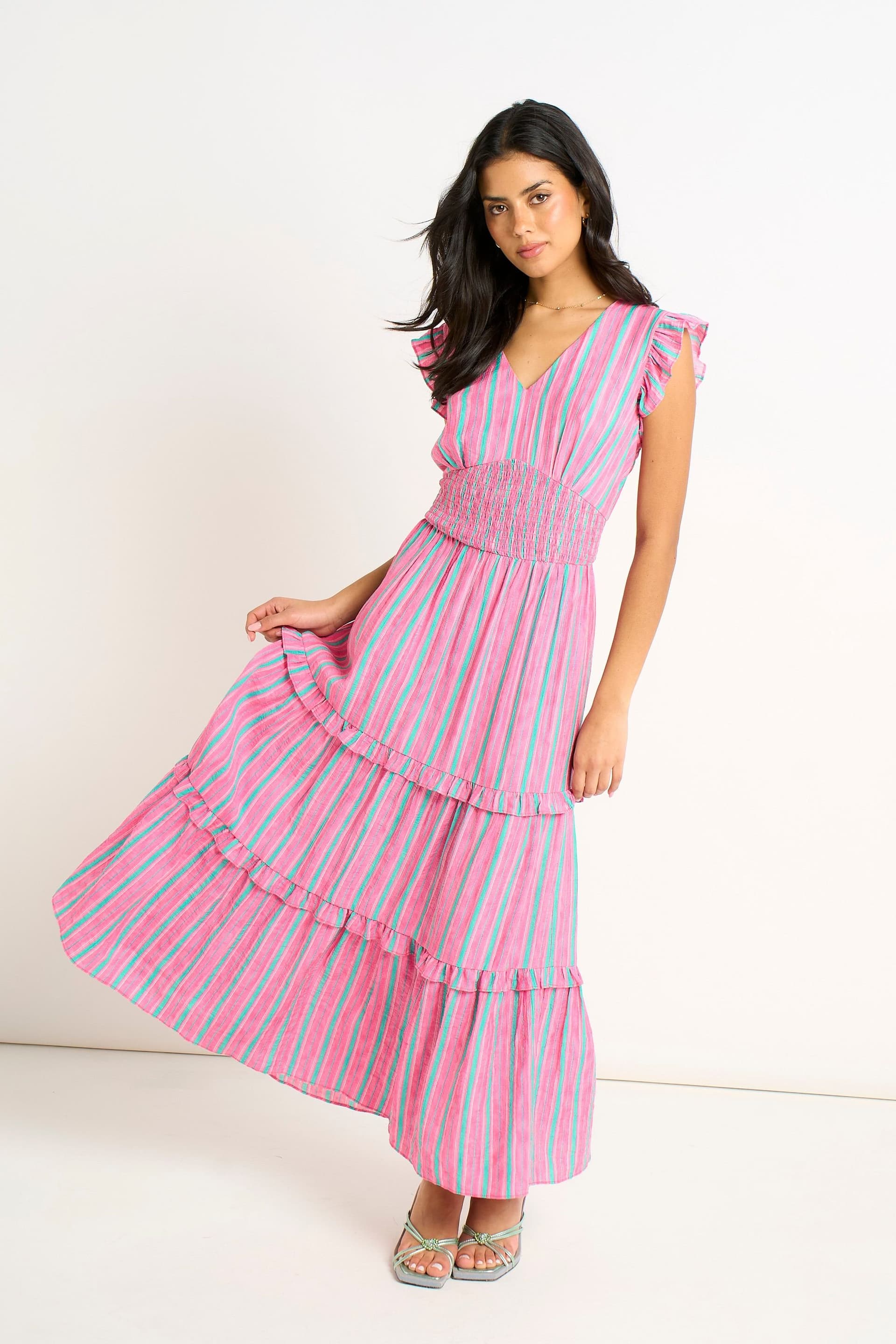 Gini London Gini London Women's Pink Summer Stripe Shirred Waist Maxi Dress