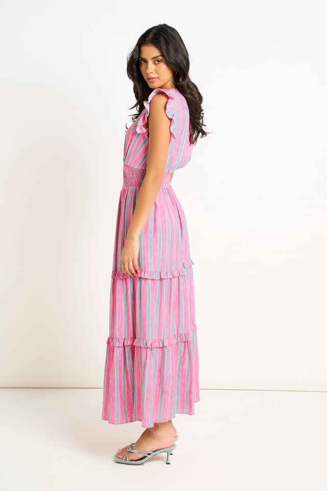 Gini London Gini London Women's Pink Summer Stripe Shirred Waist Maxi Dress - 3