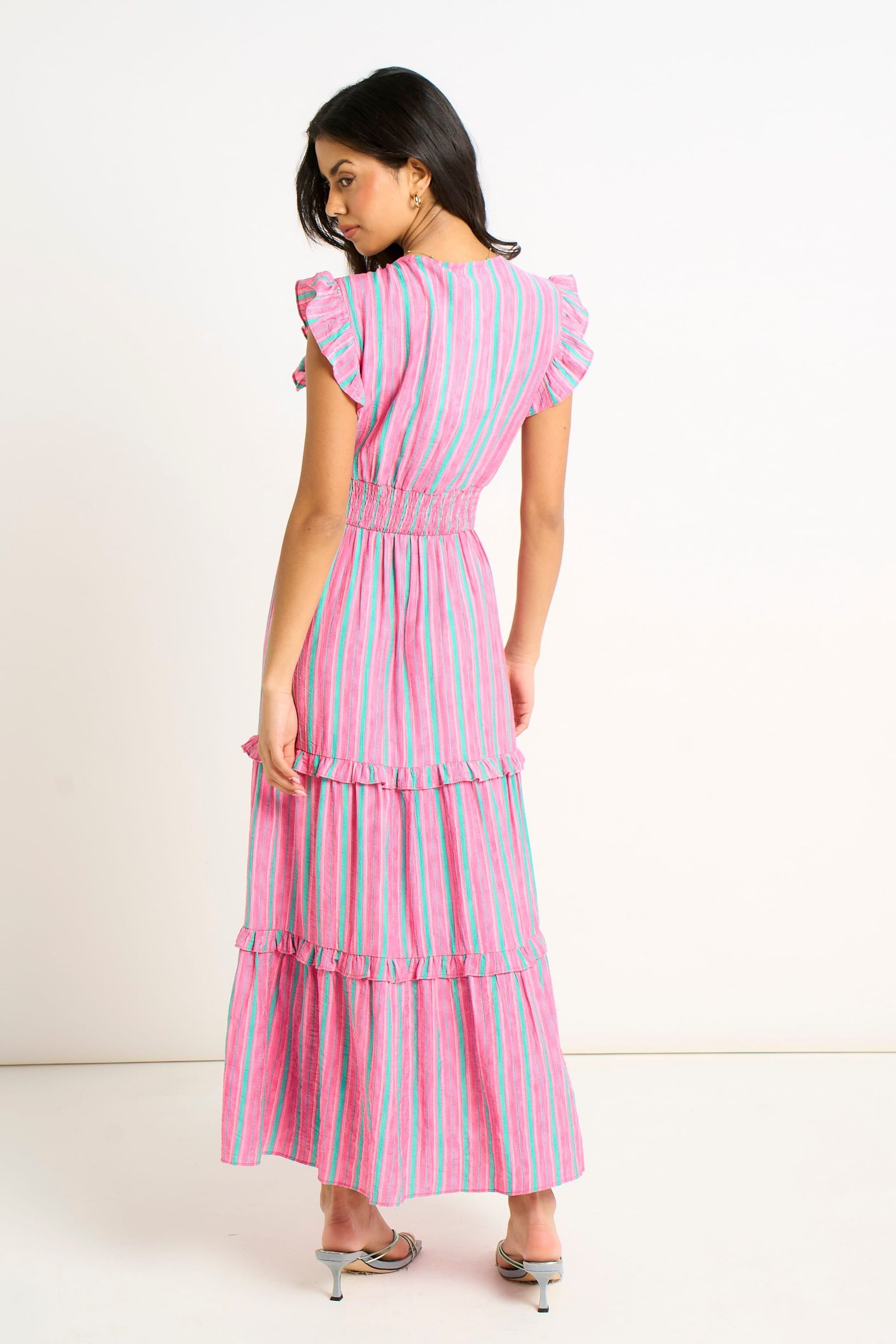 Gini London Gini London Women's Pink Summer Stripe Shirred Waist Maxi Dress - 4