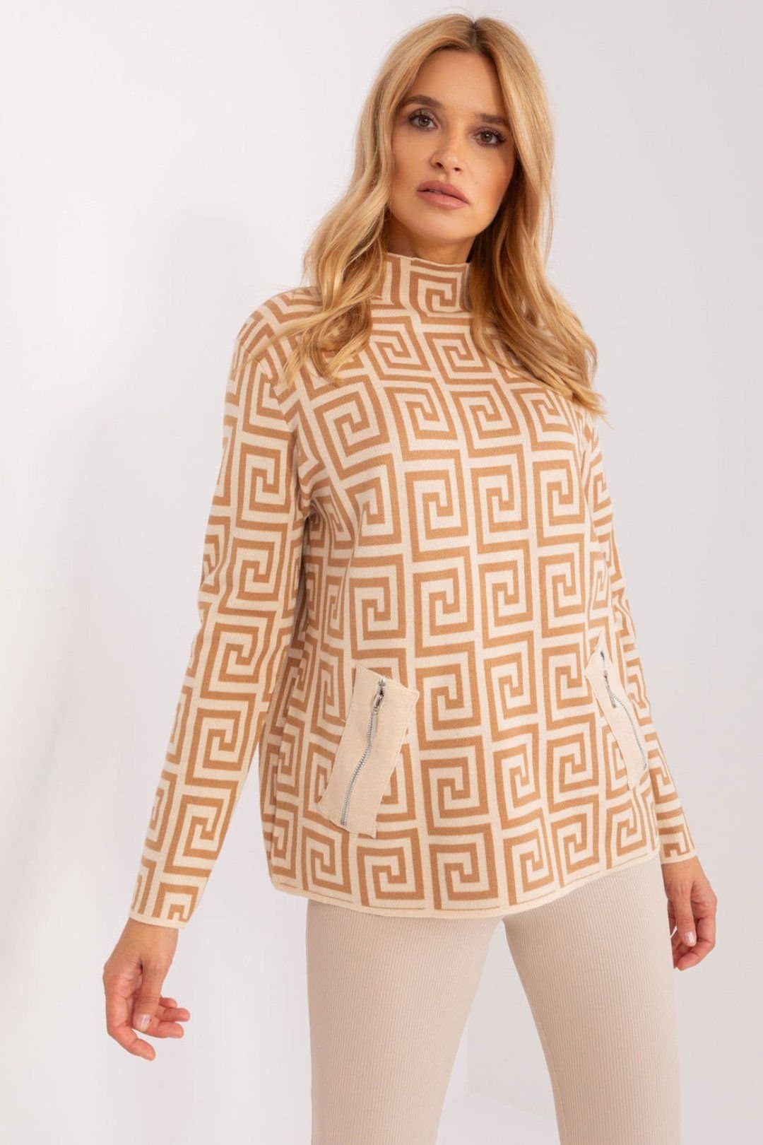 Love Lace Love Lace Women's Geometric Half Turtleneck Sweater with Pockets Style 186730 in Camel