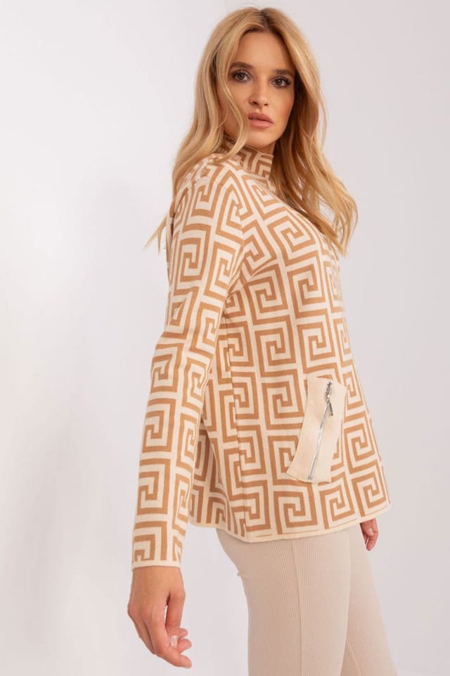 Love Lace Love Lace Women's Geometric Half Turtleneck Sweater with Pockets Style 186730 in Camel - 2