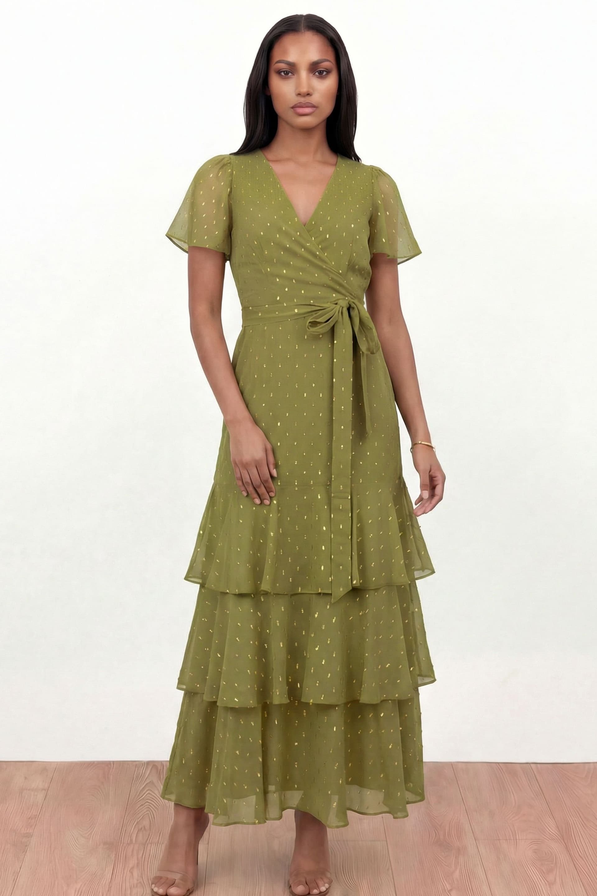 Anaya with Love Anaya with Love Women's Faux Wrap Ruffle Midaxi Dress in Olive