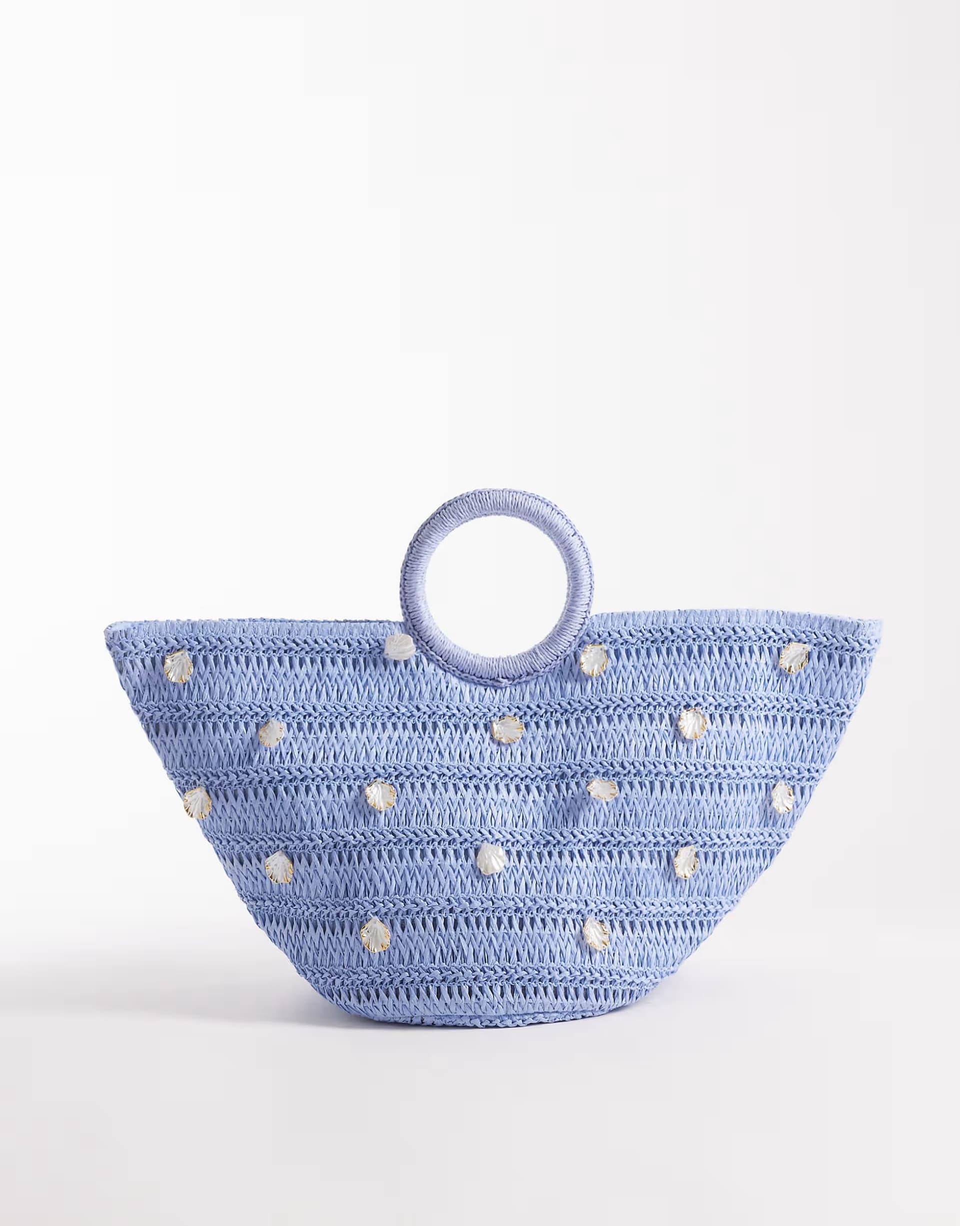ASOS ASOS Blue Straw Top Handle Bag with Pearl Embellishments