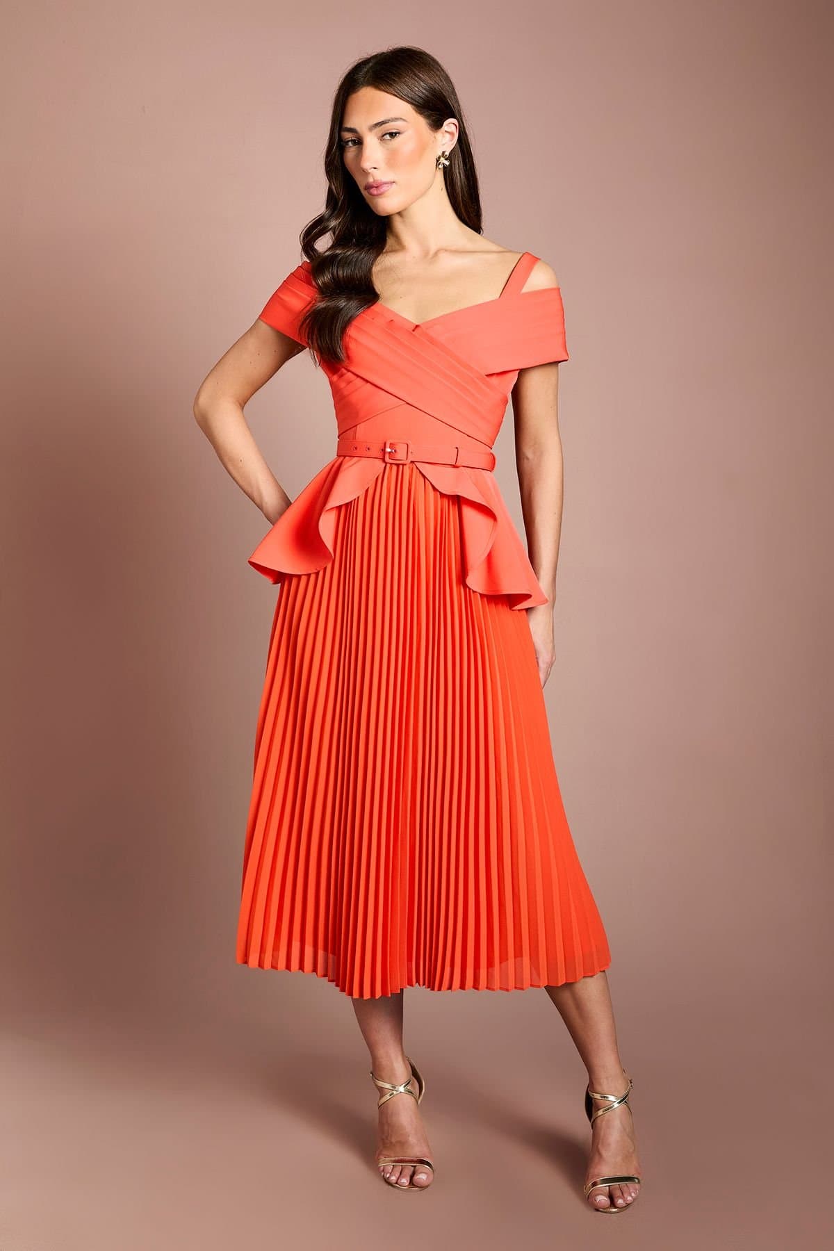 Coast Coast Women's Bardot Pleated Crepe Midi Dress in Orange