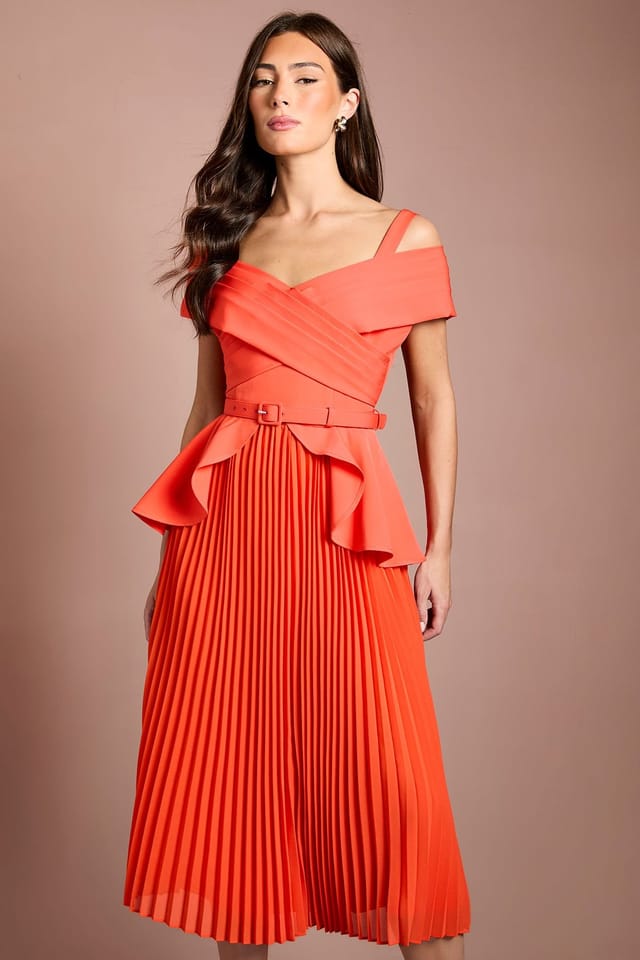 Coast Coast Women's Bardot Pleated Crepe Midi Dress in Orange - 2