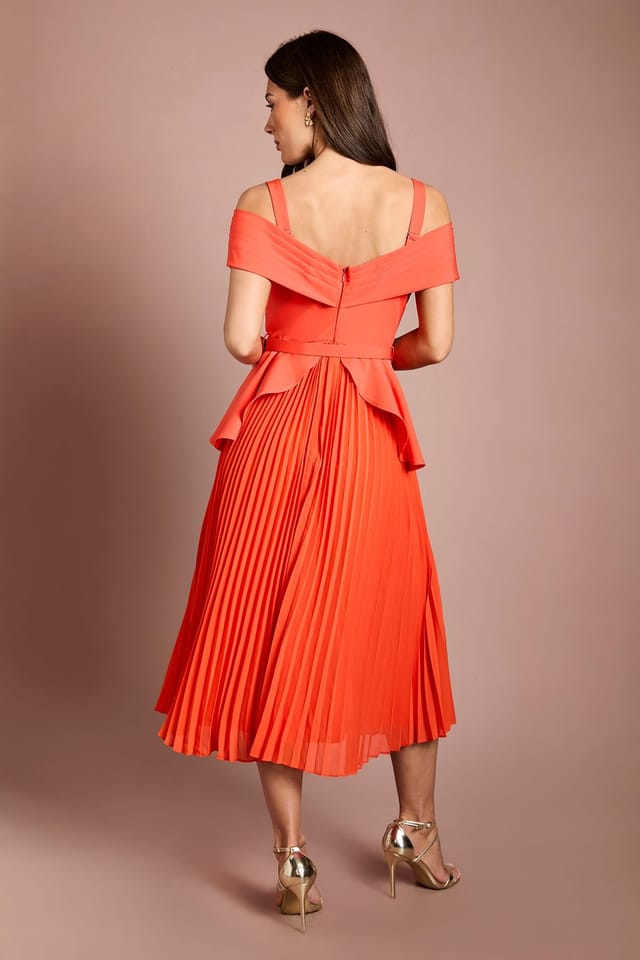Coast Coast Women's Bardot Pleated Crepe Midi Dress in Orange - 3