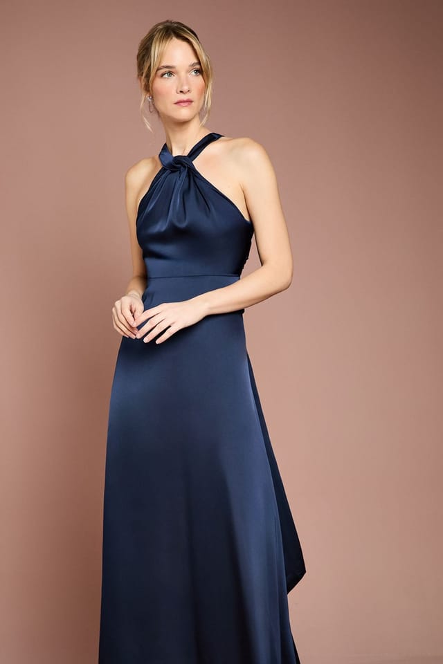 Coast Coast Women's Honoured Petite Twist Halterneck Satin Maxi Bridesmaid Dress in Navy - 2