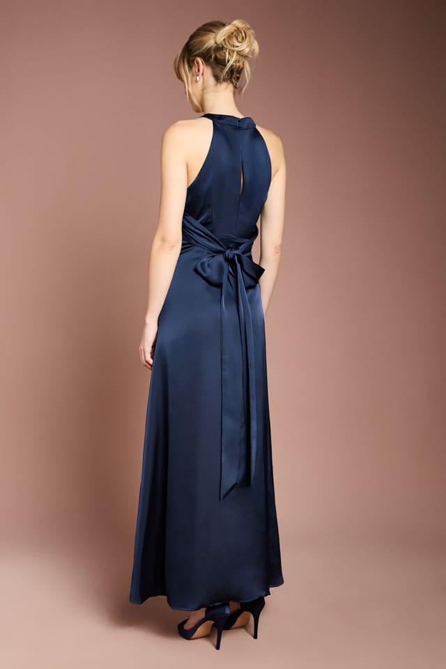 Coast Coast Women's Honoured Petite Twist Halterneck Satin Maxi Bridesmaid Dress in Navy - 3