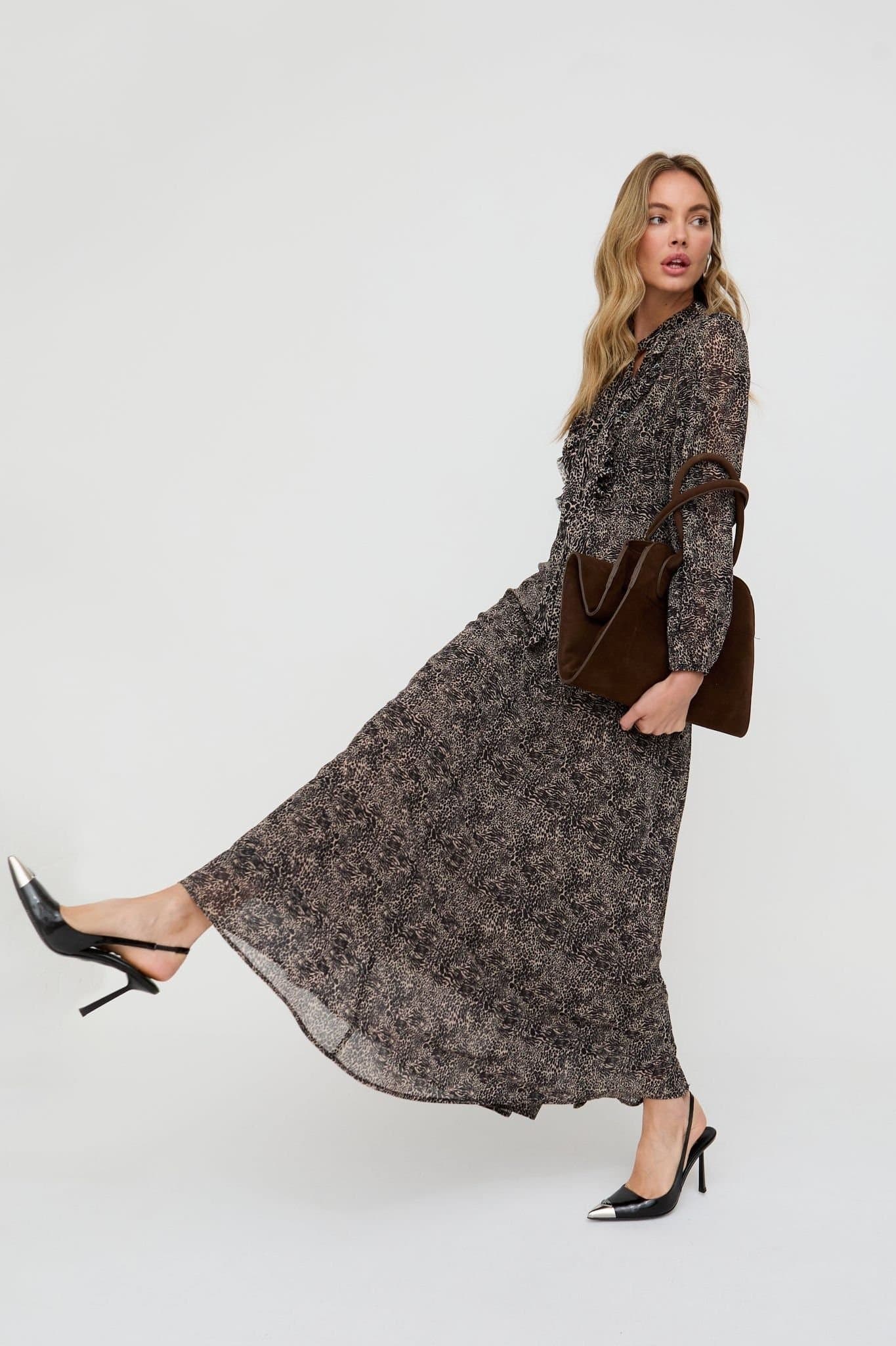 Lily and Lionel Lily and Lionel Women's Margot Ruffle Neck Mini Leopard Print Maxi Dress In Brown