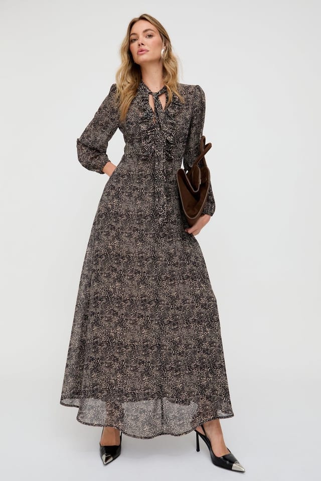 Lily and Lionel Lily and Lionel Women's Margot Ruffle Neck Mini Leopard Print Maxi Dress In Brown - 2