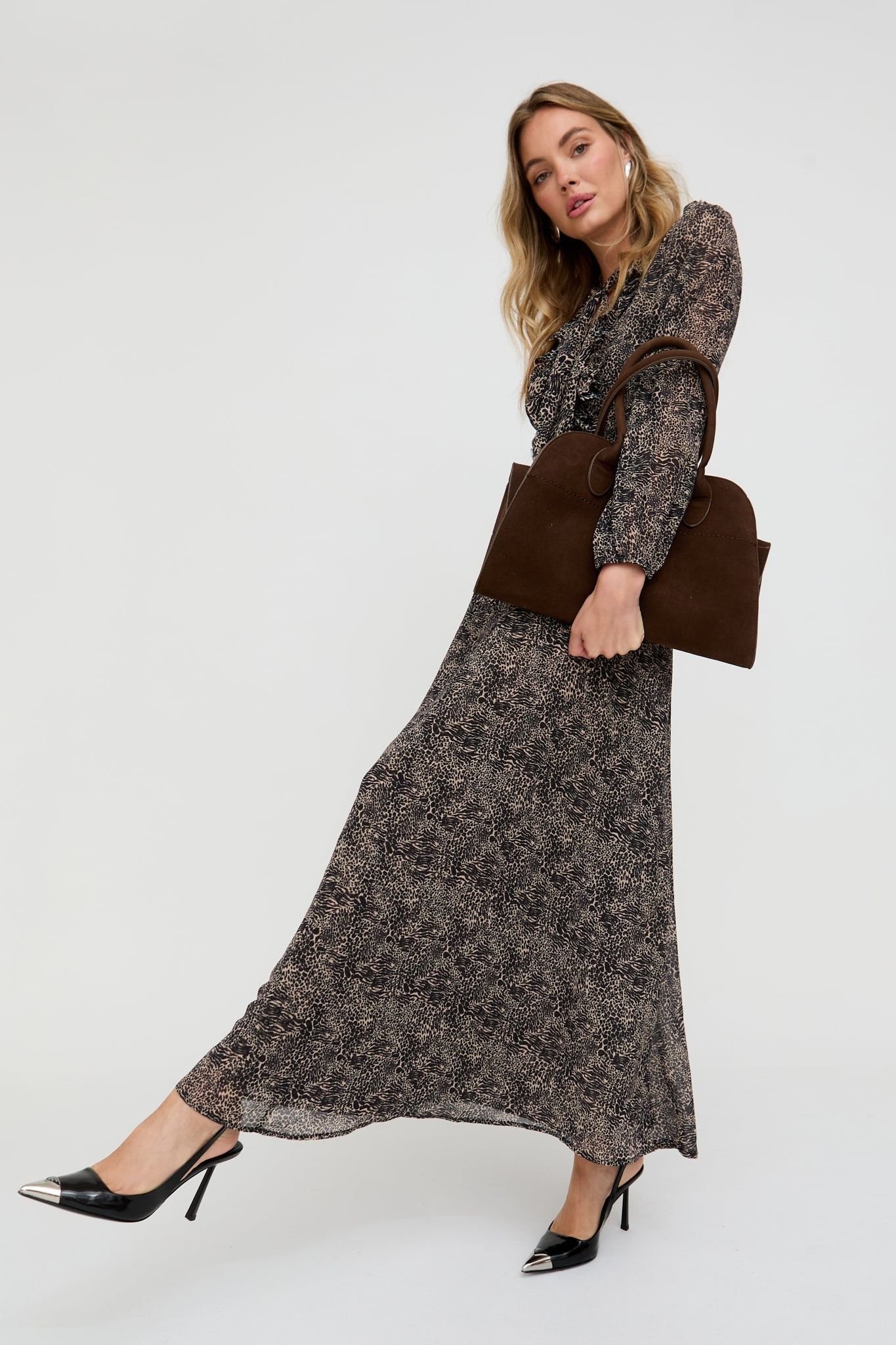 Lily and Lionel Lily and Lionel Women's Margot Ruffle Neck Mini Leopard Print Maxi Dress In Brown - 4