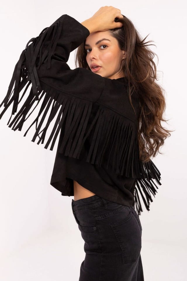 Love Lace Love Lace Women's Short Fringed Transitional Jacket with Buttons in Black - 2