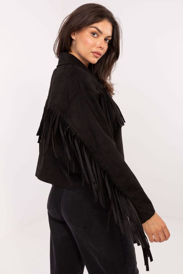 Love Lace Love Lace Women's Short Fringed Transitional Jacket with Buttons in Black - 3
