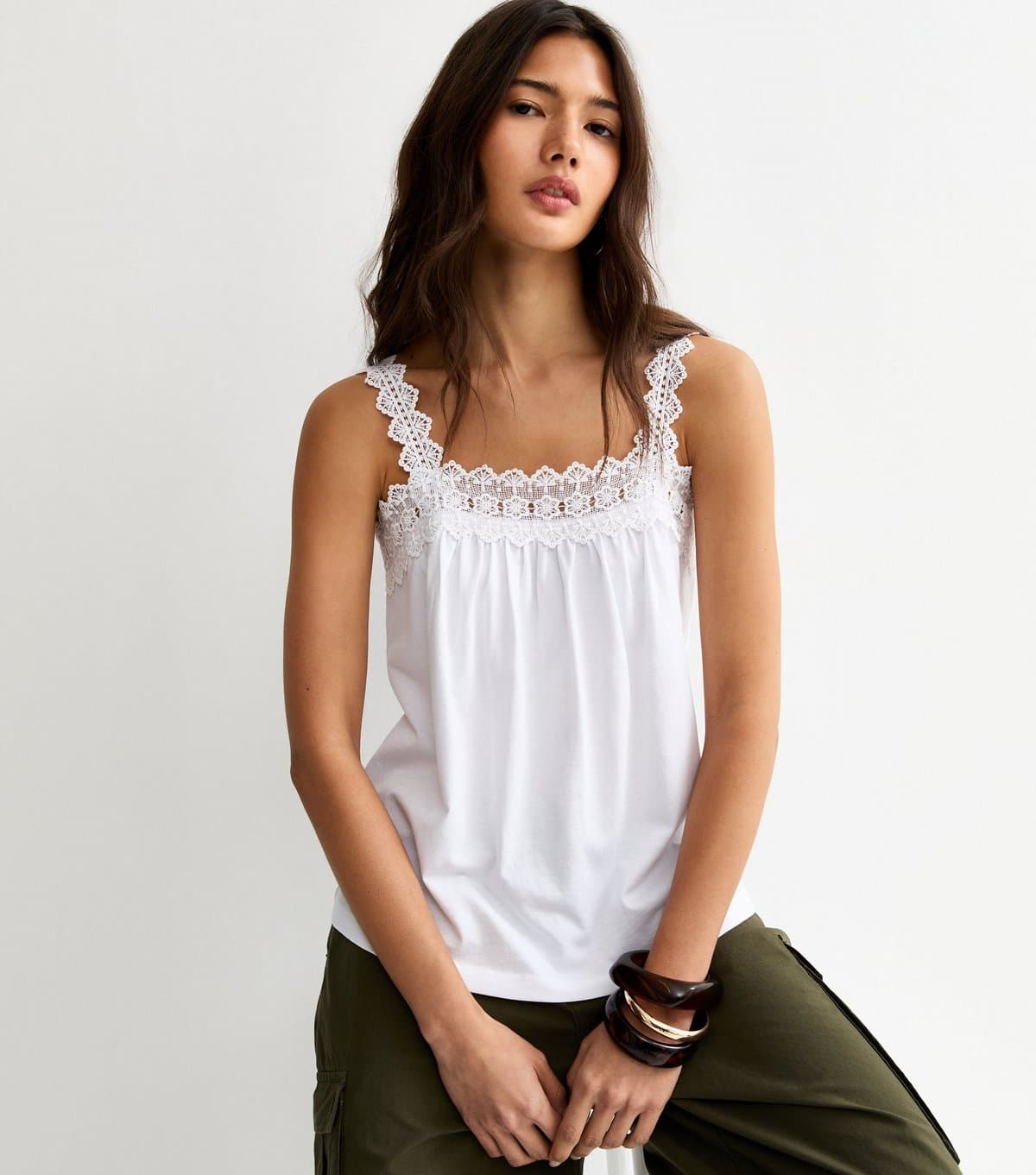 New Look New Look White Jersey Lace Trim Cami Top