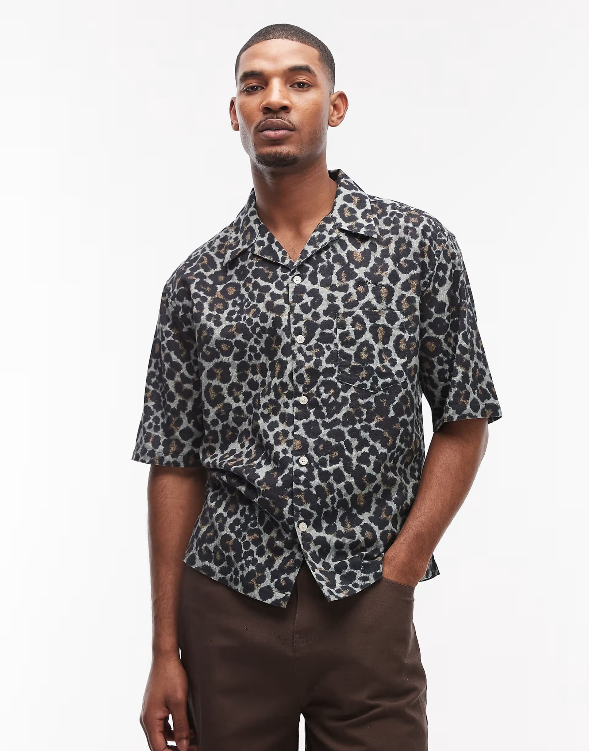 ASOS AllSaints Silesia short sleeve leopard print shirt in grey
