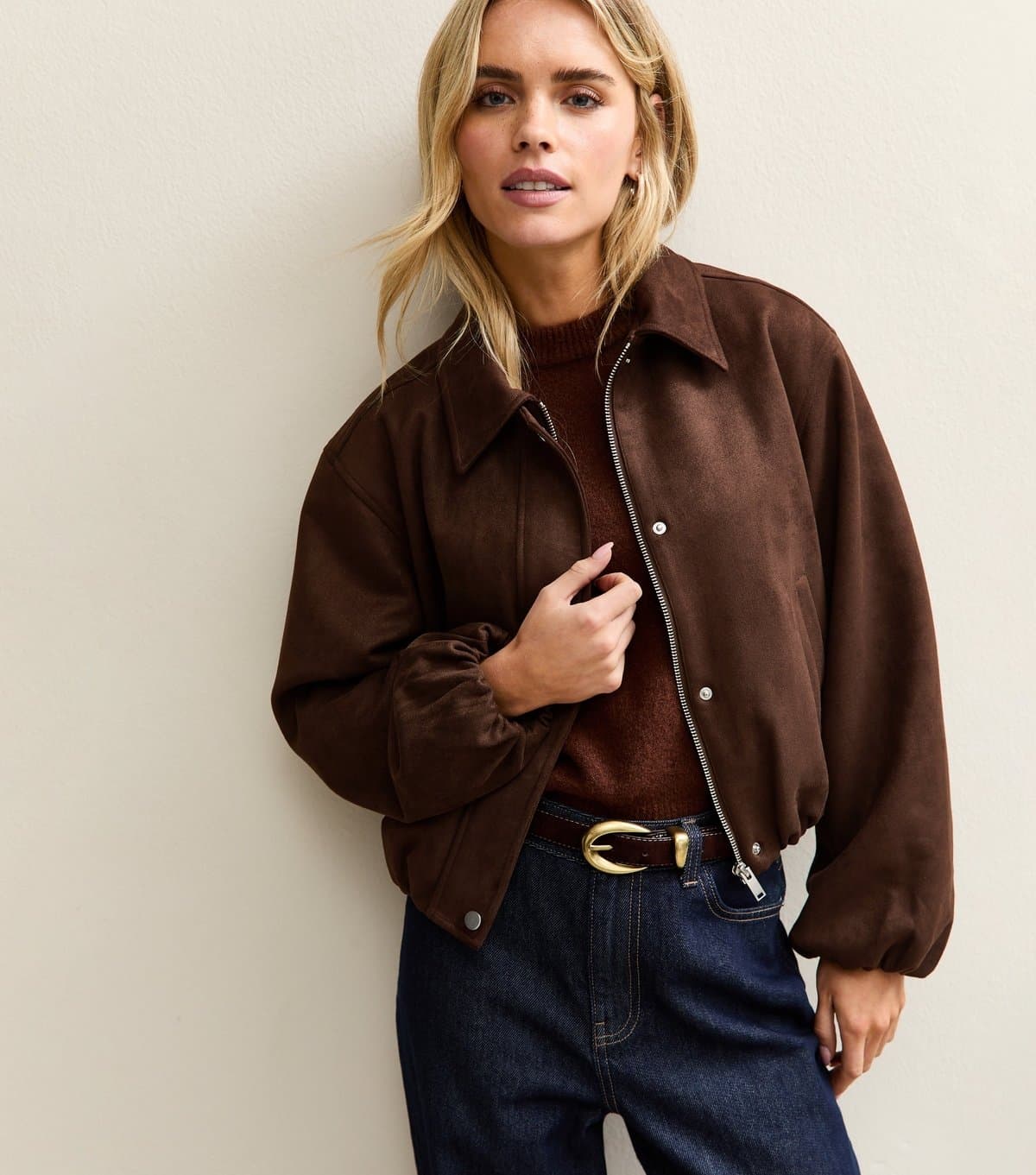 New Look Women's Petite Dark Brown Faux Suede Bubble Hem Jacket New Look