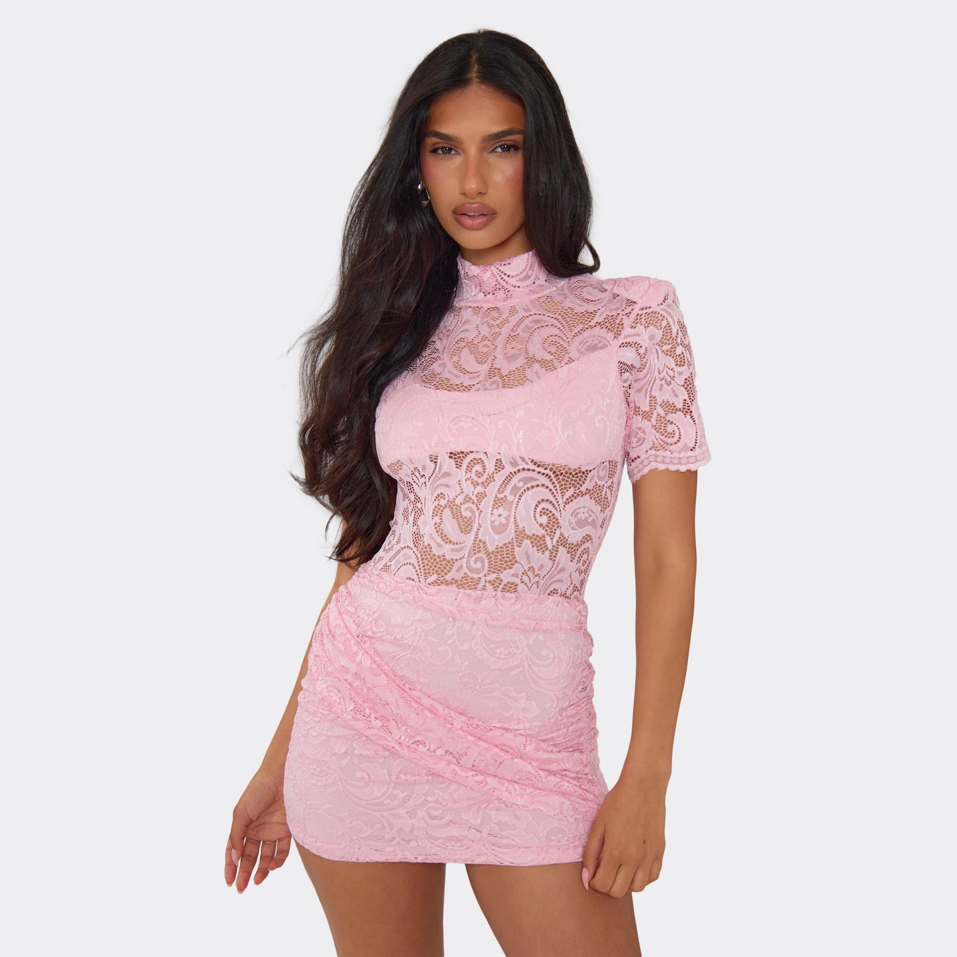 EGO High Neck Crossover Panel Detail Mini Dress In Baby Pink Lace, Women's Size UK 6