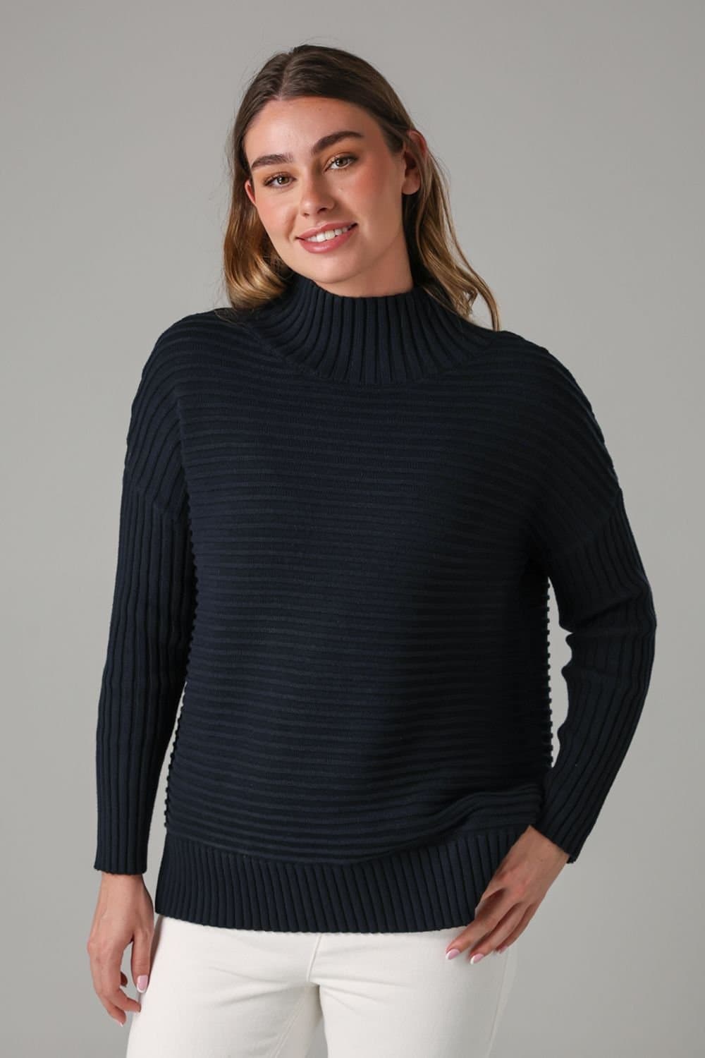 French Connection French Connection Women's Cotton Ribbed Knit High Neck Jumper in Navy