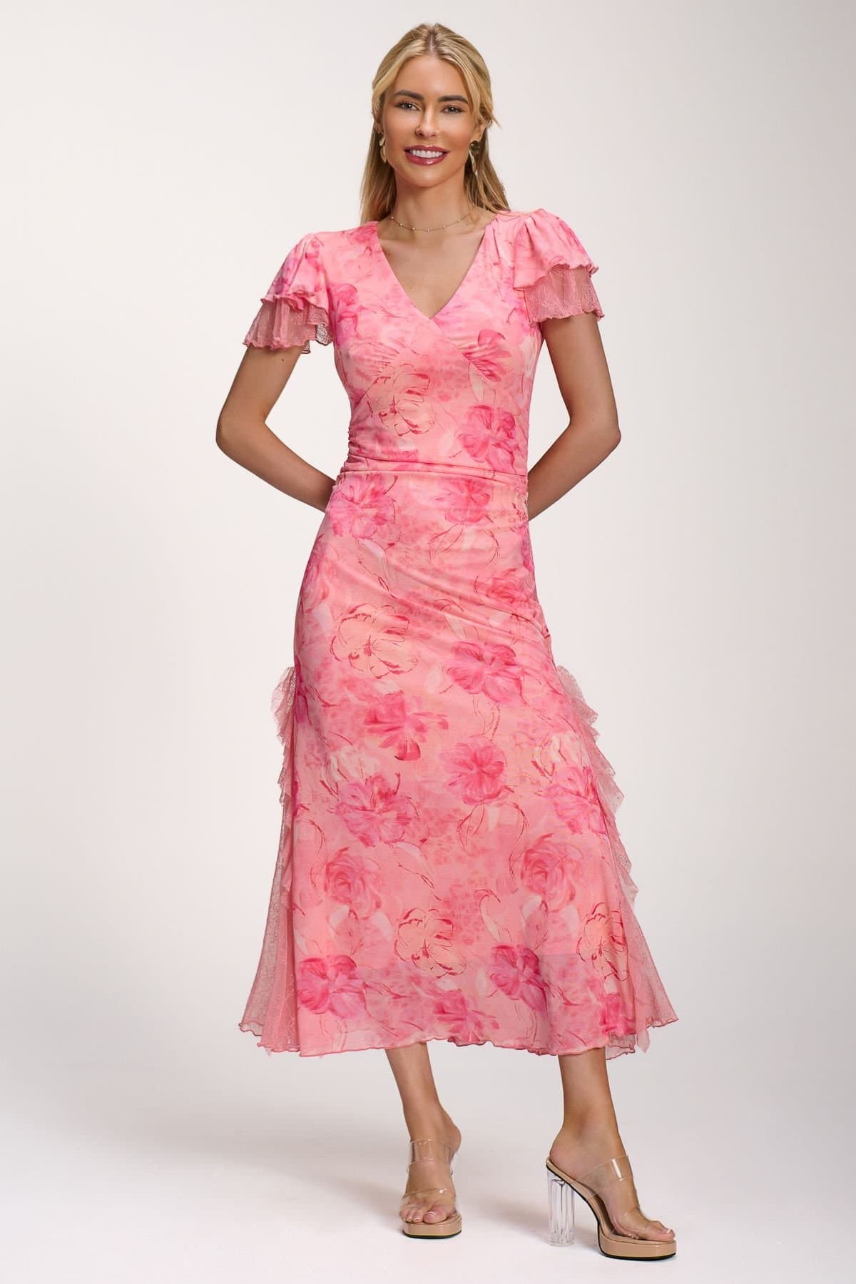 Jolie Moi Jolie Moi Women's Lace Insert Mesh Midi Dress in Bright Pink