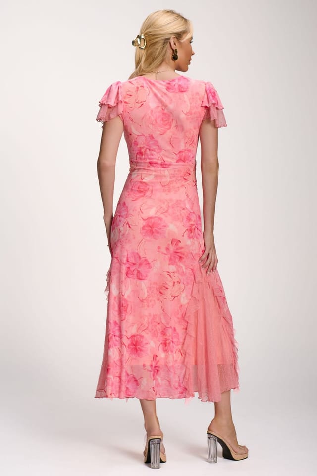 Jolie Moi Jolie Moi Women's Lace Insert Mesh Midi Dress in Bright Pink - 2