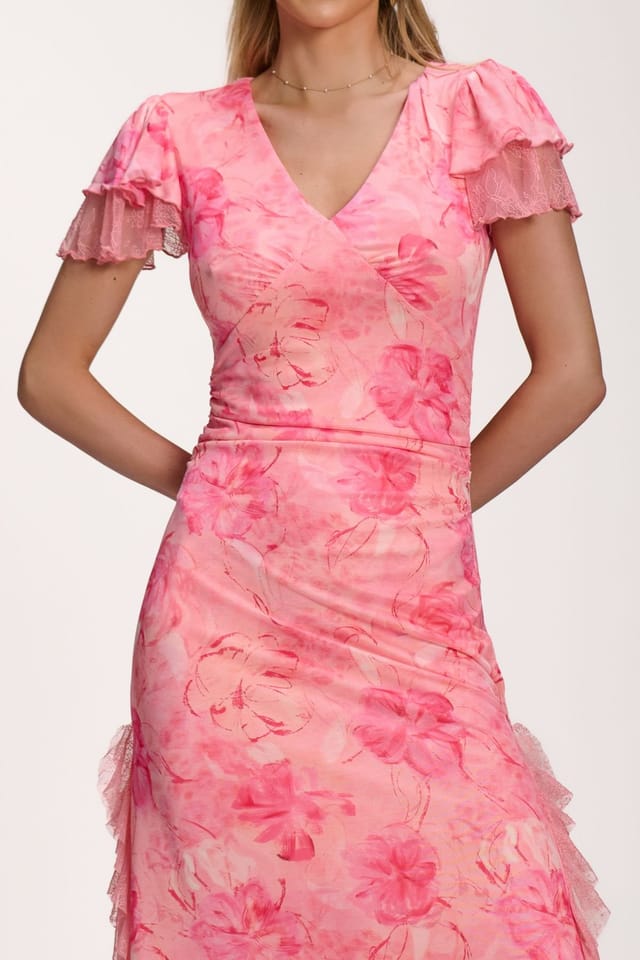 Jolie Moi Jolie Moi Women's Lace Insert Mesh Midi Dress in Bright Pink - 3