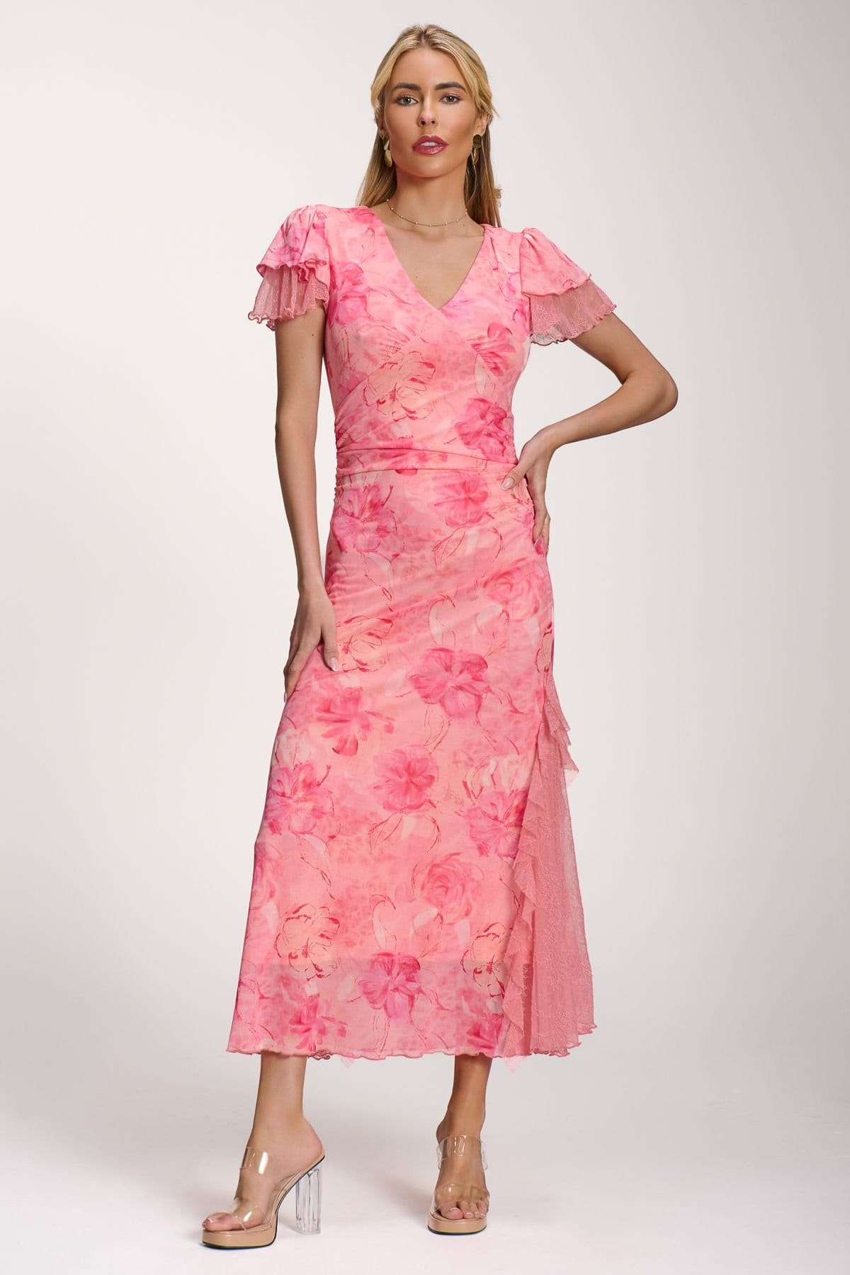 Jolie Moi Jolie Moi Women's Lace Insert Mesh Midi Dress in Bright Pink - 4