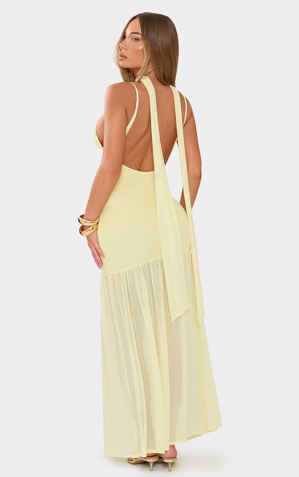 EGO Strappy Ruched Front Mesh Overlay Maxi Dress With Scarf In Lemon, Women's Size UK 6
