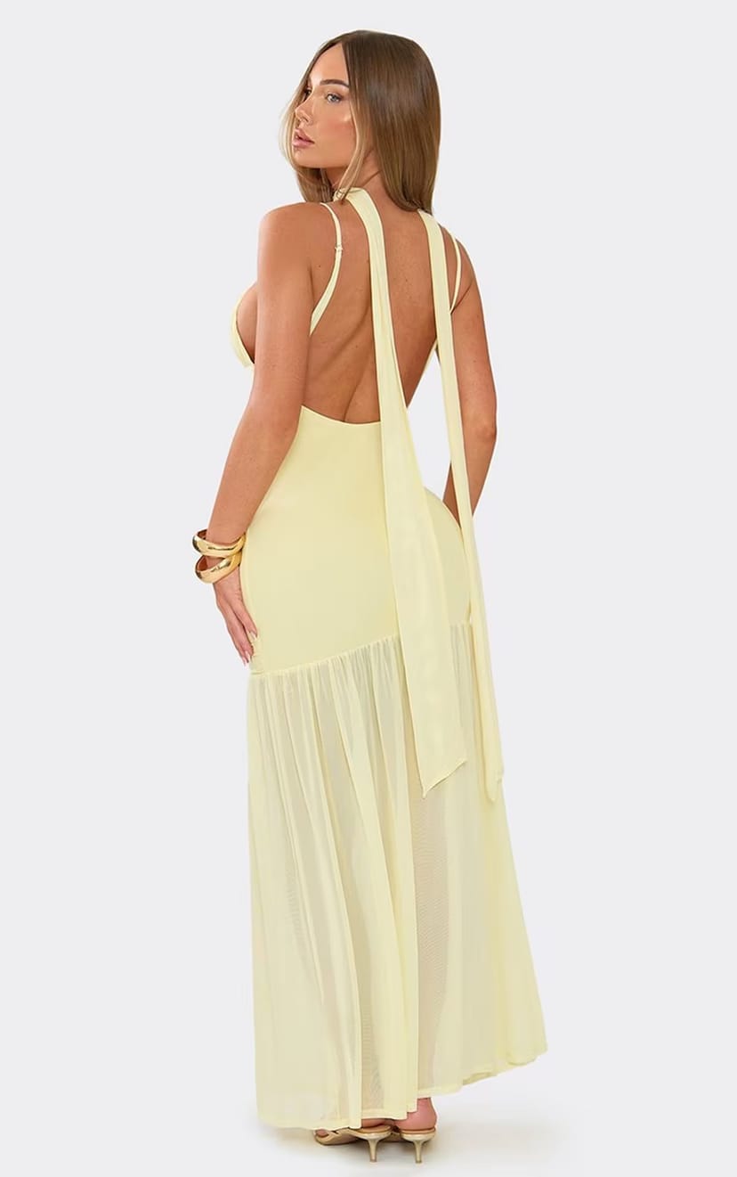 EGO Strappy Ruched Front Mesh Overlay Maxi Dress With Scarf In Lemon, Women's Size UK 6 - 1