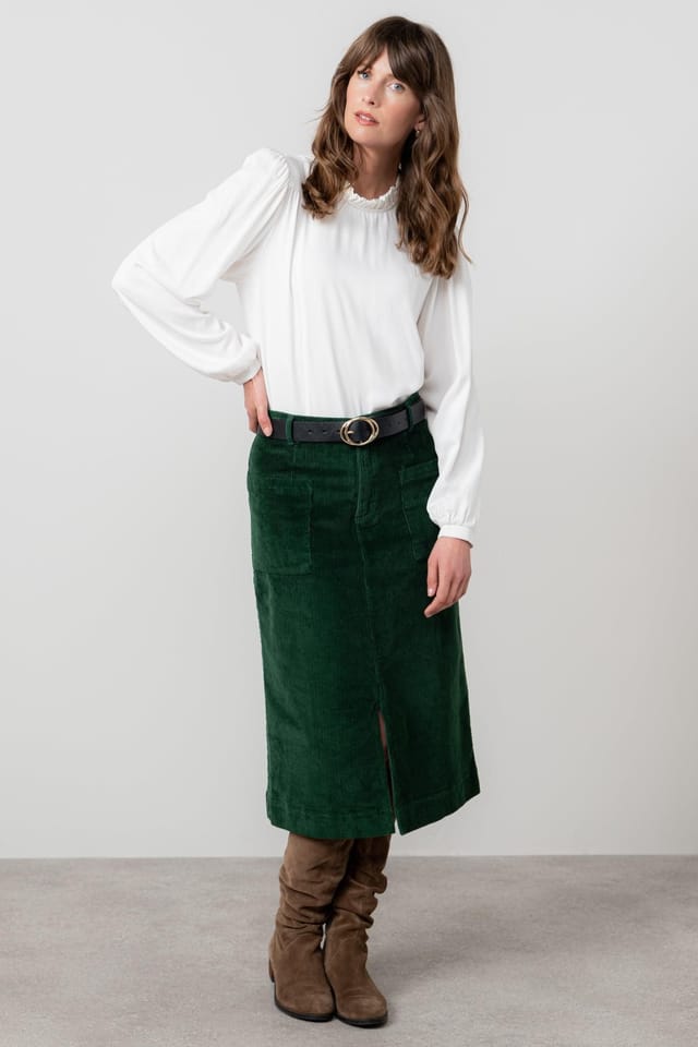 Lily & Me Lily & Me Women's Penrose Stretch Jumbo Cord Midi Length Skirt with Belt loops at waist in Dark Green - 2