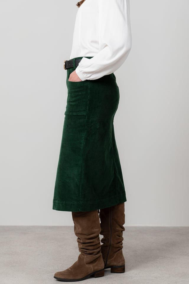 Lily & Me Lily & Me Women's Penrose Stretch Jumbo Cord Midi Length Skirt with Belt loops at waist in Dark Green - 3