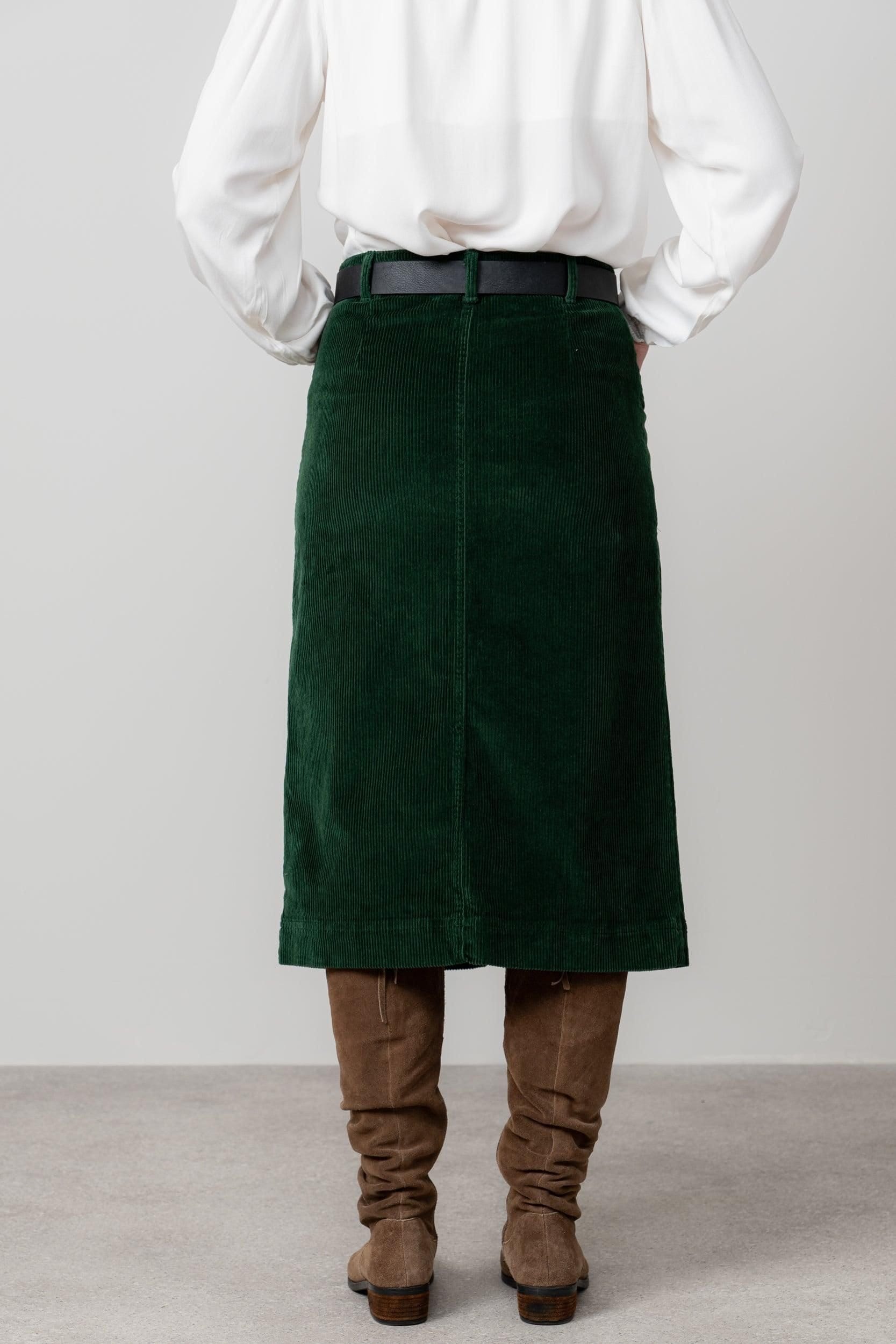Lily & Me Lily & Me Women's Penrose Stretch Jumbo Cord Midi Length Skirt with Belt loops at waist in Dark Green - 4