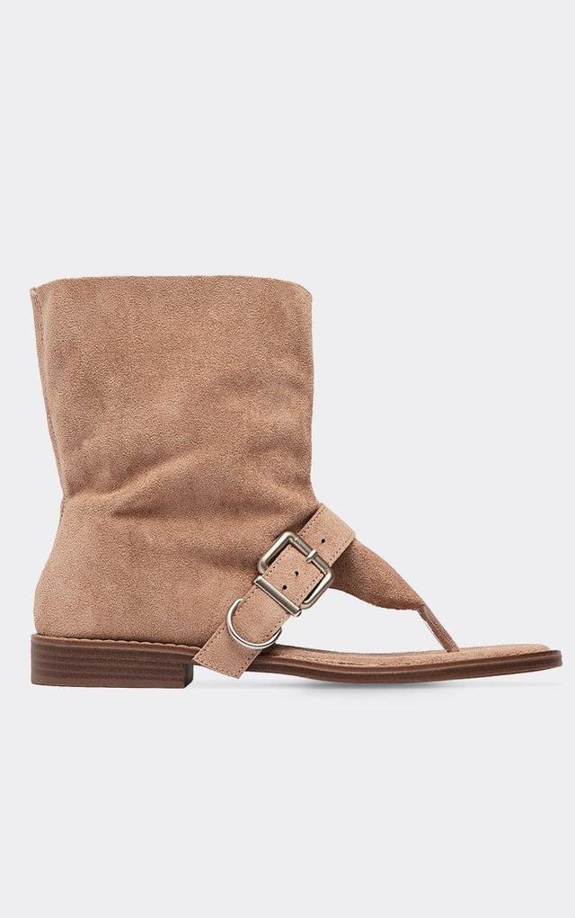 EGO Tillie Buckle Detail Thong Strap Gladiator Sandal In Taupe Faux Suede, Women's Size UK 3 - 2