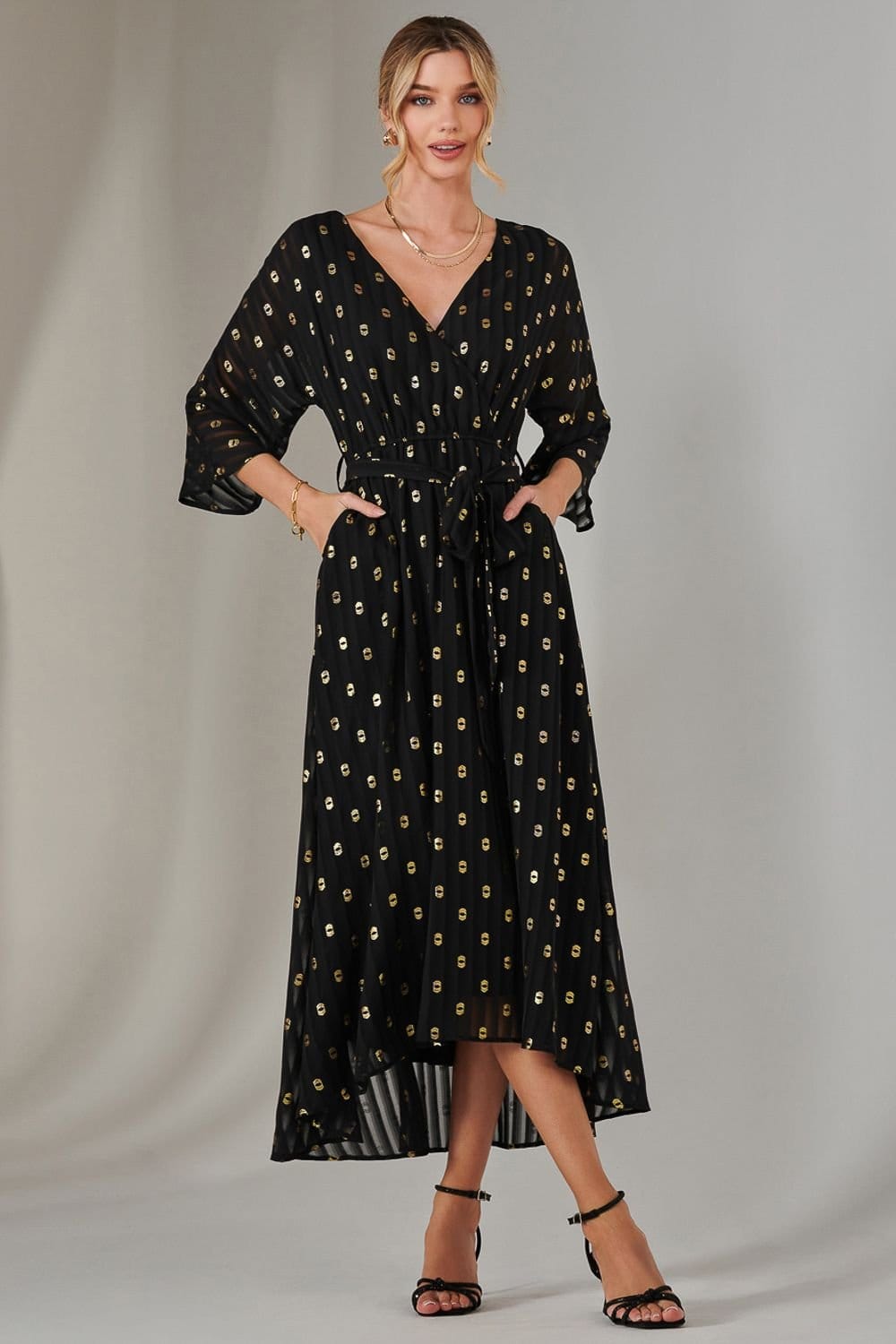 Jolie Moi Jolie Moi Women's Plain Gold Spot Chiffon Dress in Black - 4