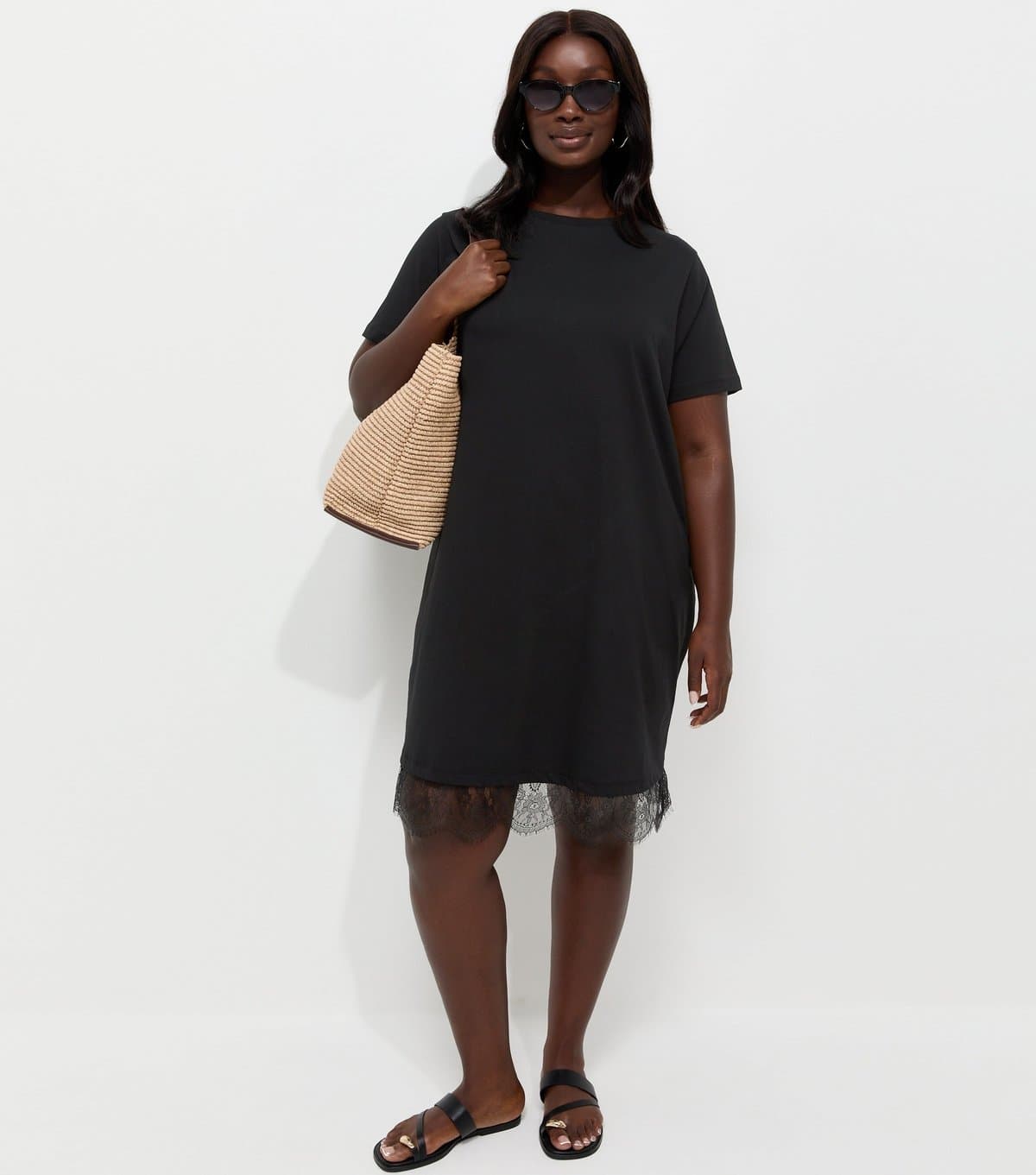 New Look Women's Plus Size Black Cotton Rich Lace Trim T Shirt Mini Dress Curves New Look