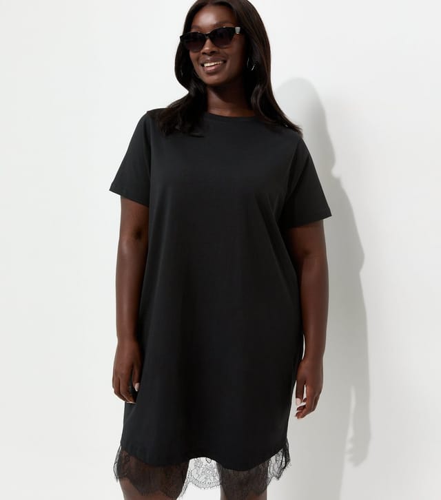 New Look Women's Plus Size Black Cotton Rich Lace Trim T Shirt Mini Dress Curves New Look - 2
