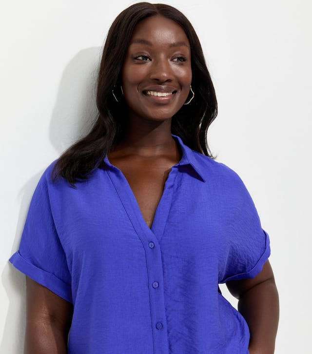 New Look Women's Plus Size Dark Blue Plain Short Sleeve Shirt Curves New Look - 2