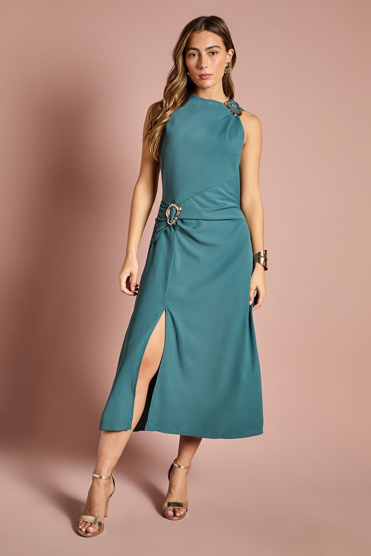Coast Coast Women's Stretch Crepe Midi Dress With Buckle in Teal