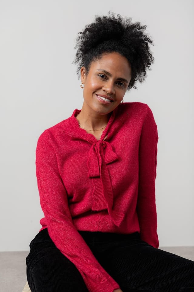 Lily & Me Lily & Me Women's Elise Tie Neck Blended yarn Pointelle Knit Jumper in Scarlet - 2
