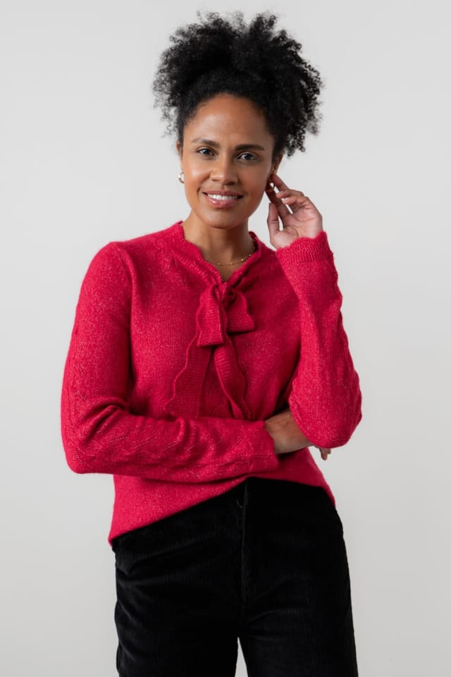 Lily & Me Lily & Me Women's Elise Tie Neck Blended yarn Pointelle Knit Jumper in Scarlet - 3