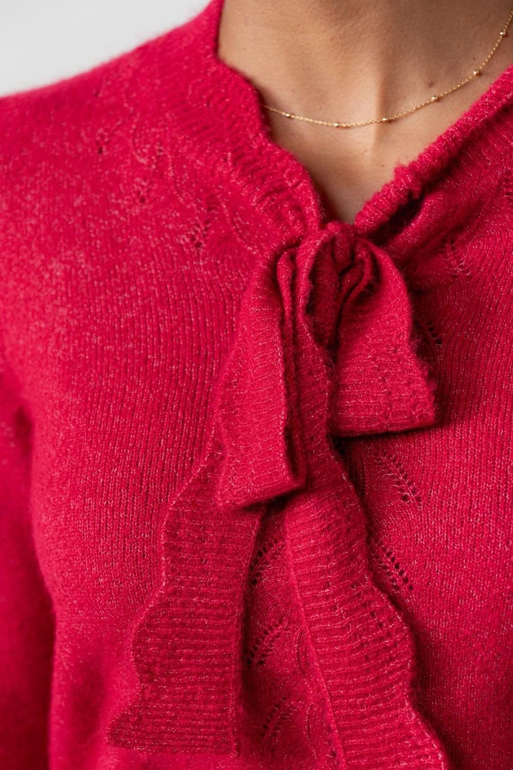 Lily & Me Lily & Me Women's Elise Tie Neck Blended yarn Pointelle Knit Jumper in Scarlet - 4