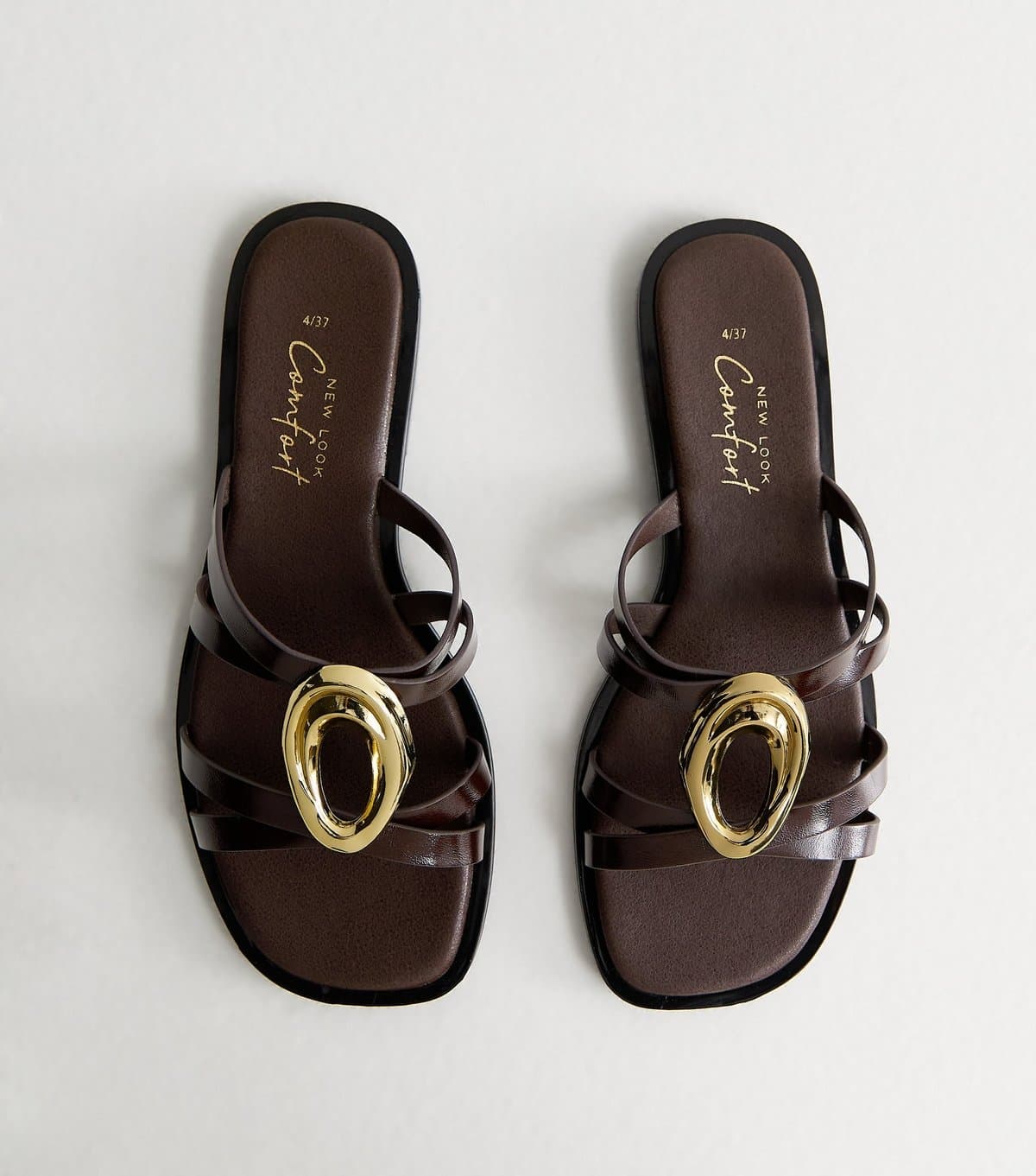 New Look Women's Dark Brown Gold Abstract Buckle Mule Sandals New Look